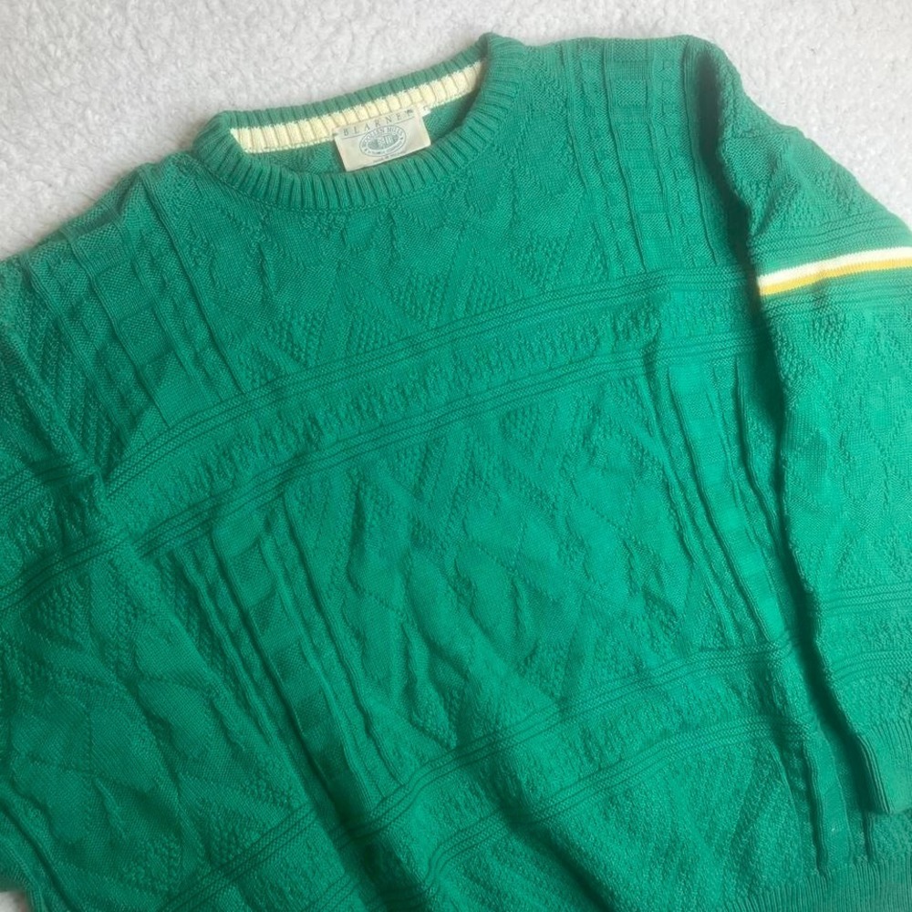 Vintage Blarney Woolen mills men green cable knit sweater fisherman Ireland L - Picture 2 of 7